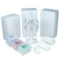 Pipettor Starter Pack, Adjustable Volume Pipettors: 2-20ul, 20-200ul, 100-1000ul, Racked Sterile Filter Tips: 20ul, 200ul, 1000ul, 6-Place Carousel Stand and 10mL, 25mL, 50mL Reagent Reservoirs