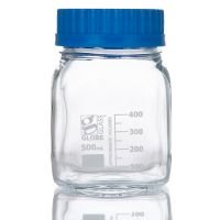 500mL Square Media Bottle, Wide Mouth, Glass, GL80 Screw Cap, Dual Graduations