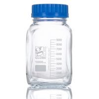 1000mL Square Media Bottle, Wide Mouth, Glass, GL80 Screw Cap, Dual Graduations
