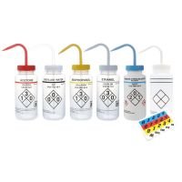 Wash Bottles Safety Labeled, Self Venting, Wide Mouth, 500 mL, Isopropanol, Clear/Yellow