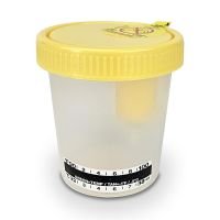 Urine Collection Cup with Integrated Transfer Device, 4oz (120mL), Graduated to 100mL, Attached Thermometer Strip, STERILE
