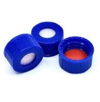 Blue Open Top 9-425 Screw Ribbed Cap, Bonded Red PTFE/White Silicone Septa